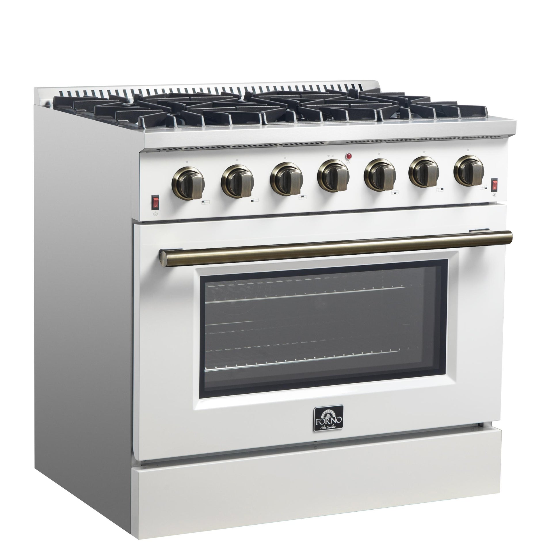 Forno FFSGS624436WHT Forno Galiano 36-Inch Freestanding Gas Range In White With Antique Brass Design, 6 Burners, 83,000 Btu, 5.36 Cu.Ft. Convection Oven
