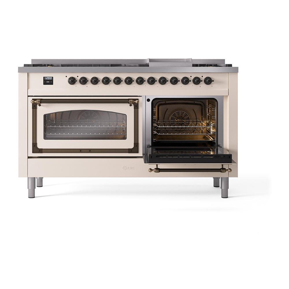 Ilve UN60FNMPAWBLP Ilve Un60Fnmpawblp Nostalgie Ii Noblesse 60" Dual Fuel Range (9 Sealed Burners + Griddle, Liquid Propane, Triple Glass Door, Antique White, Burnished)