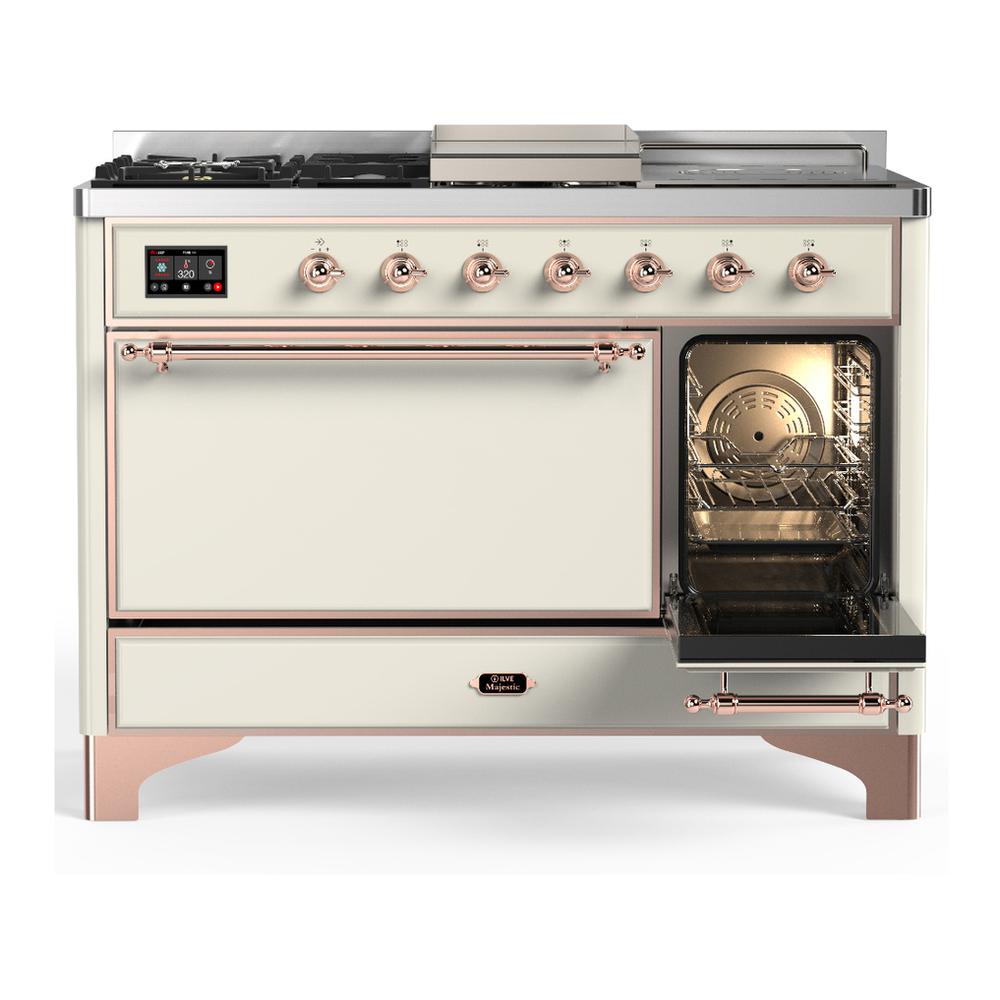 Ilve UM48FSQNR3AWPLP Ilve Um48Fsqnr3Awplp Majestic Iii 48 Inch Dual Fuel Range With 5 Black Brass Burners, Griddle And French Top, Dual Function Burner Up To 25,000 Btu (Liquid Propane, Solid Door, Antique White, Copper)