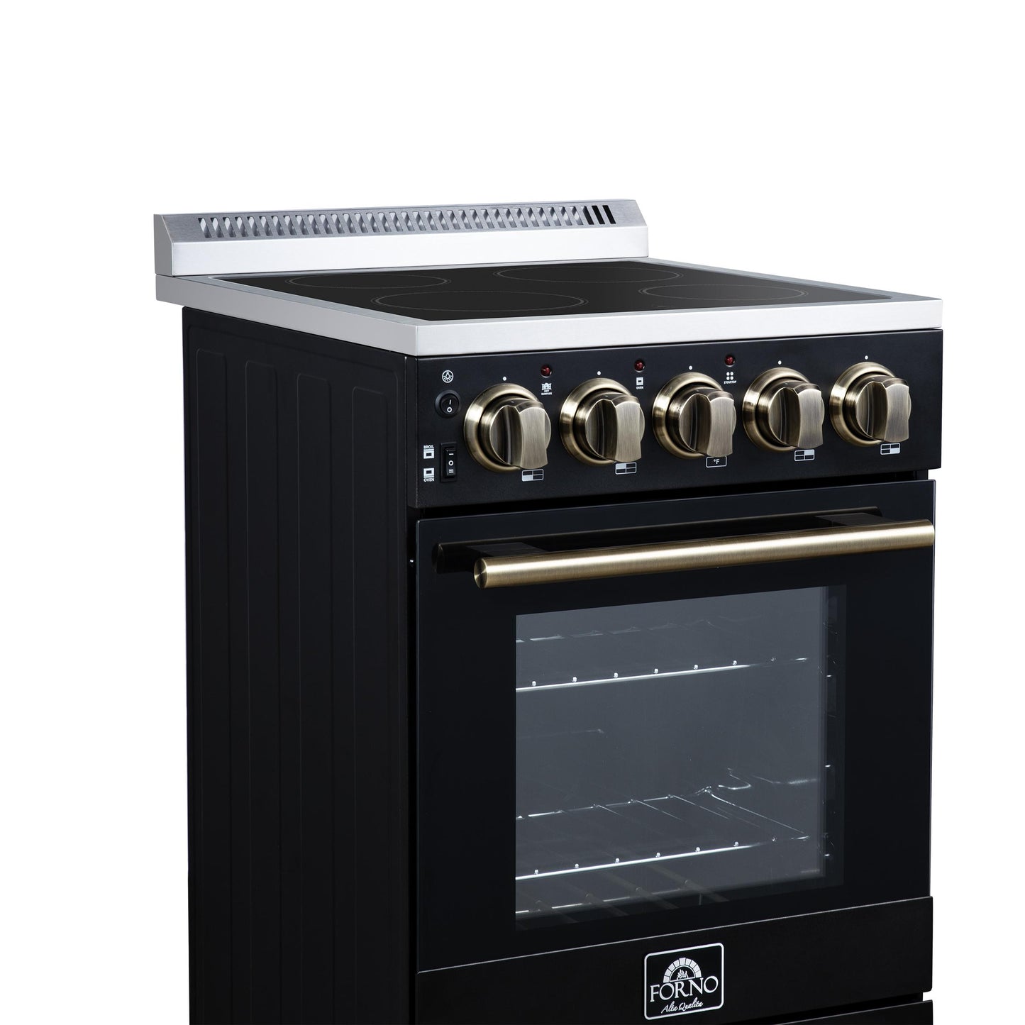 Forno FFSEL605220BLK Forno Pallerano 20 Inch Freestanding Electric Range In Black With Antique Brass, Compact Design