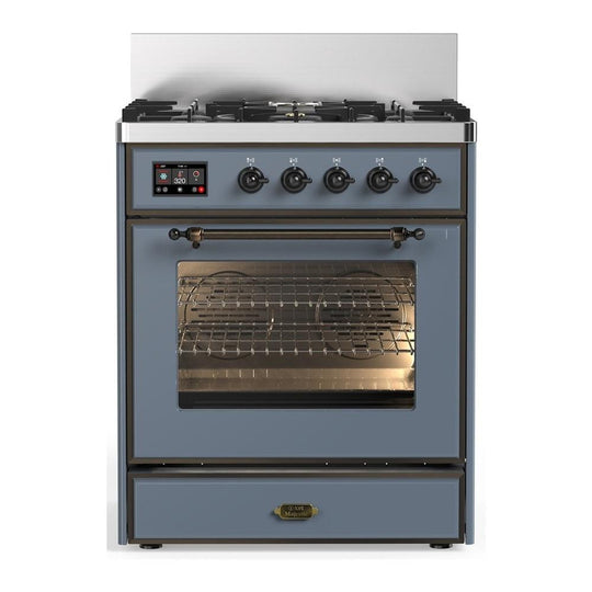 Ilve UM30NR3BGBLP Ilve Um30Nr3Bgblp Majestic Iii 30 Inch Dual Fuel Range With 5 Black Brass Burners, Dual Function Burner Up To 25,000 Btu (Liquid Propane, Triple Glass Door, Blue Grey, Burnished)