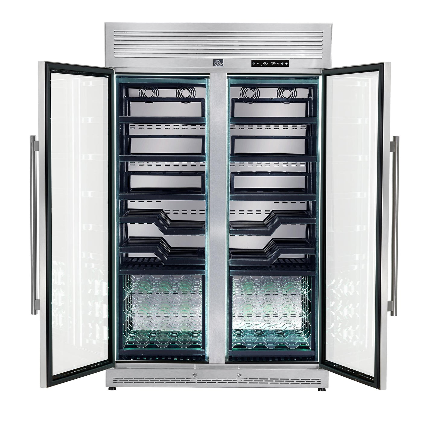 Forno FWCDR661048S Forno Abruzzo 48-Inch Dual Zones Wine Cellar, 102 Bottles, 24 Cu. Ft., Green Acrylic Holders & Black Shelves