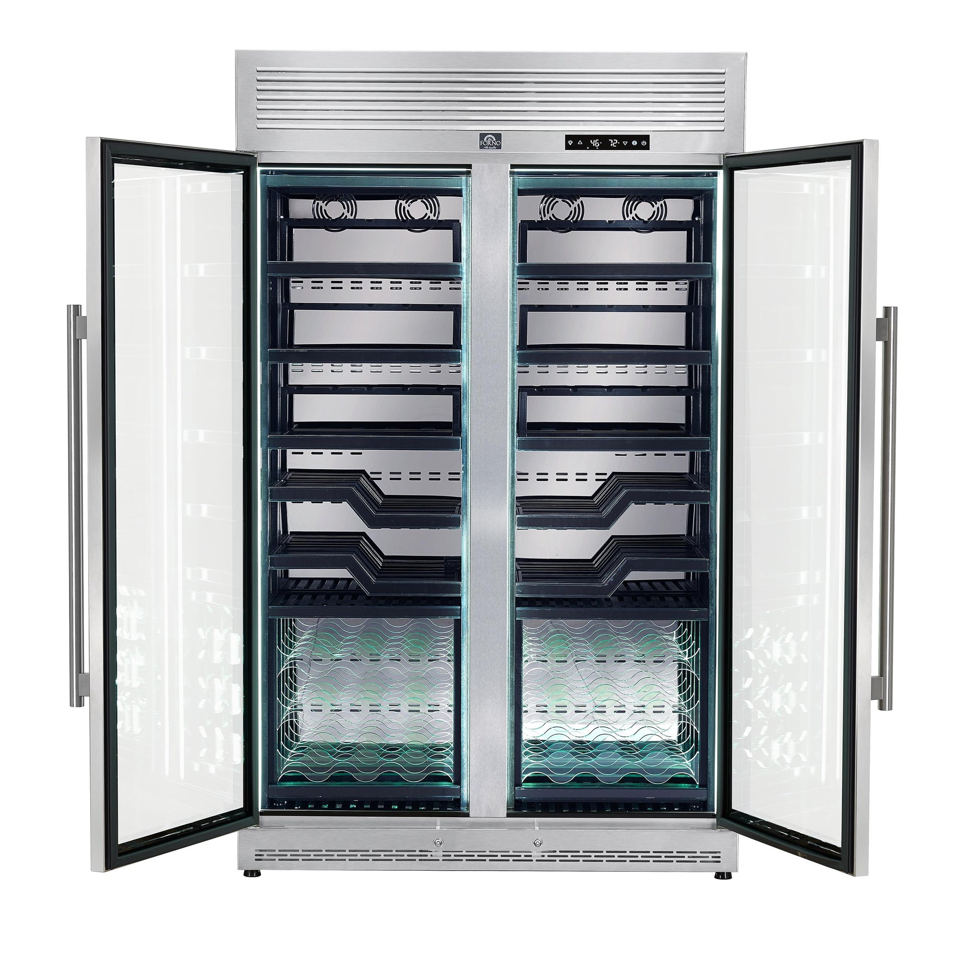 Forno FWCDR661048S Forno Abruzzo 48-Inch Dual Zones Wine Cellar, 102 Bottles, 24 Cu. Ft., Green Acrylic Holders & Black Shelves