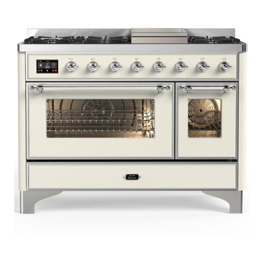 Ilve UM48FNR3AWC Ilve Um48Fnr3Awc Majestic Iii 48 Inch Dual Fuel Range With 8 Burners And Griddle, Dual Function Burner Up To 25,000 Btu (Natural Gas, Triple Glass Door, Antique White, Chrome)