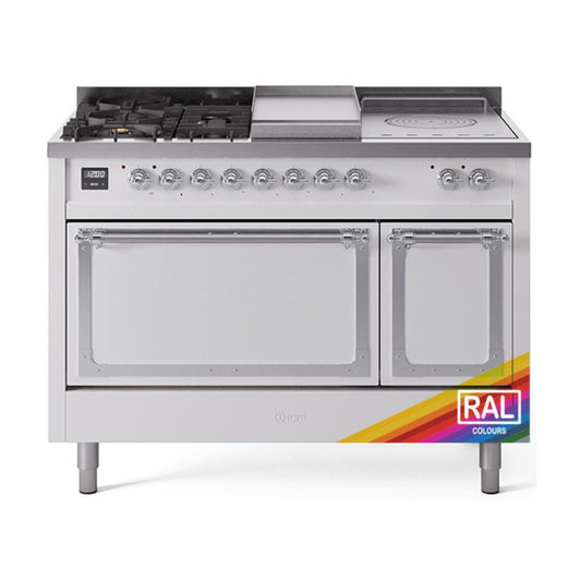 Ilve UN48FSQNMPRAC Ilve Un48Fsqnmprac Nostalgie Ii Noblesse 48" Dual Fuel Range (5 Sealed Burners + Griddle + French Top, Natural Gas, Solid Door, Ral, Chrome)