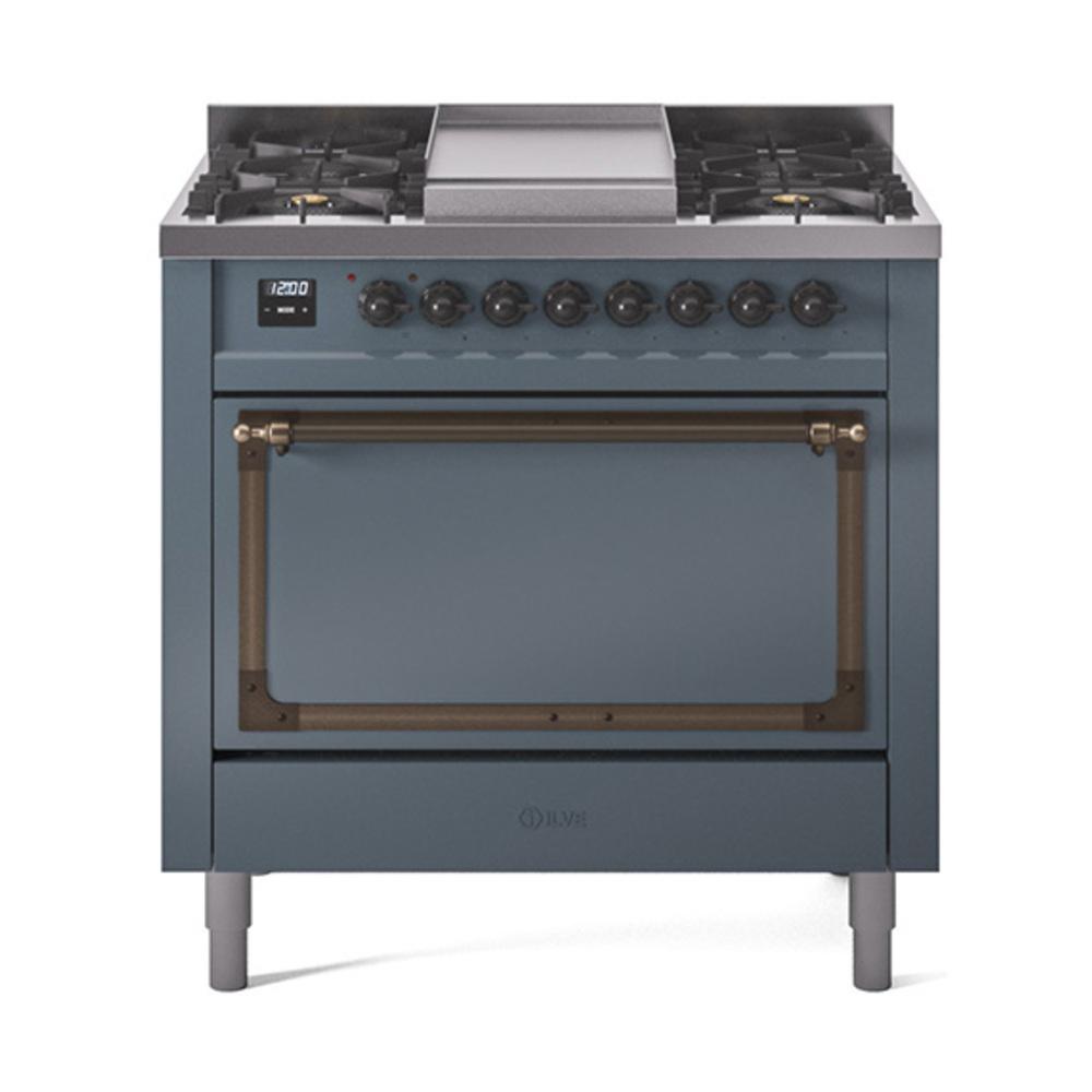 Ilve UN36FQNMPBGB Ilve Un36Fqnmpbgb Nostalgie Ii Noblesse 36" Dual Fuel Range (Natural Gas, Solid Door, Blue Grey, Burnished)