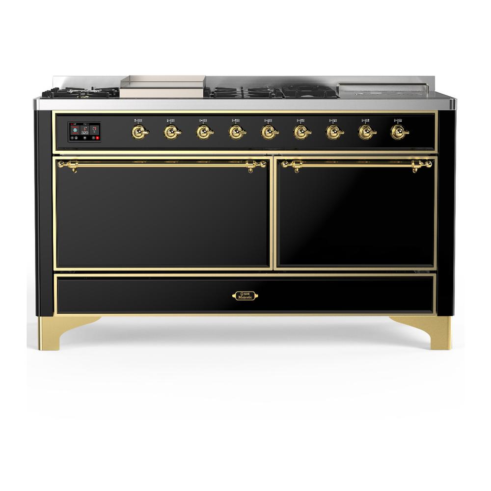 Ilve UM60FSQNR3BKGLP Ilve Um60Fsqnr3Bkglp Majestic Iii 60 Inch Dual Fuel Range With 7 Burners, Griddle And French Top, Dual Function Burner With Up To 25,000 Btu (Liquid Propane, Solid Door, Glossy Black, Brass)