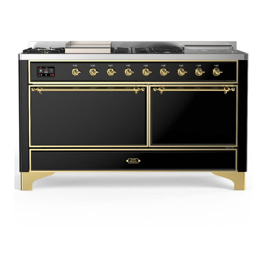 Ilve UM60FSQNR3BKGLP Ilve Um60Fsqnr3Bkglp Majestic Iii 60 Inch Dual Fuel Range With 7 Burners, Griddle And French Top, Dual Function Burner With Up To 25,000 Btu (Liquid Propane, Solid Door, Glossy Black, Brass)