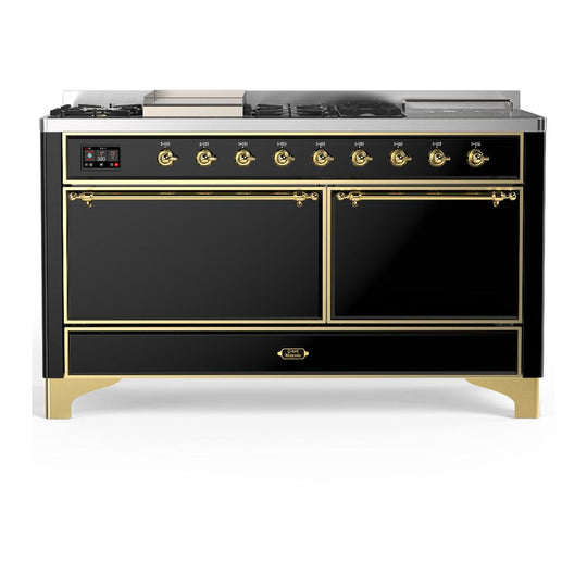 Ilve UM60FSQNR3BKGLP Ilve Um60Fsqnr3Bkglp Majestic Iii 60 Inch Dual Fuel Range With 7 Burners, Griddle And French Top, Dual Function Burner With Up To 25,000 Btu (Liquid Propane, Solid Door, Glossy Black, Brass)