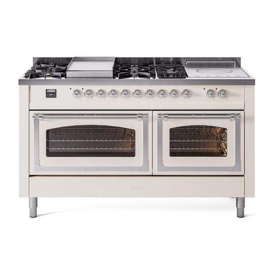 Ilve UN60FSNMPAWCLP Ilve Un60Fsnmpawclp Nostalgie Ii Noblesse 60" Dual Fuel Range (7 Sealed Burners + Griddle + French Top, Liquid Propane, Triple Glass Door, Antique White, Chrome)