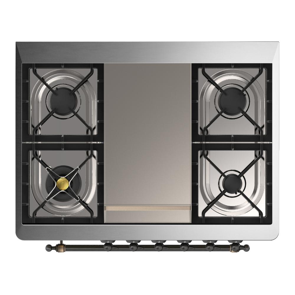 Ilve UM36FQNR3WHB Ilve Um36Fqnr3Whb Majestic Iii 36 Inch Dual Fuel Range With 6 Black Brass Burners And Griddle, Dual Function Burner Up To 25,000 Btu (Solid Door, White, Burnished, Natural Gas)