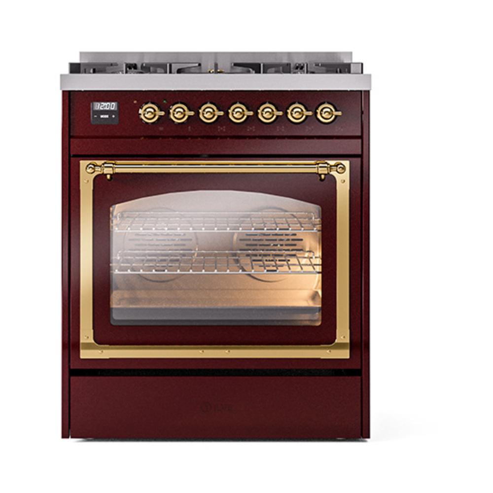 Ilve UN30NMPBUG Ilve Un30Nmpbug Nostalgie Ii Noblesse 30" Dual Fuel Range (Natural Gas, Triple Glass Door, Burgundy, Brass)