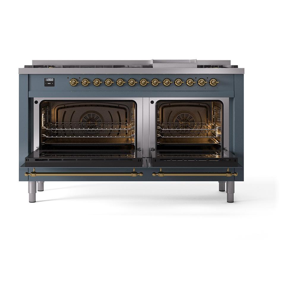 Ilve UN60FQNMPBGG Ilve Un60Fqnmpbgg Nostalgie Ii Noblesse 60" Dual Fuel Range (9 Sealed Burners + Griddle, Natural Gas, Solid Door, Blue Grey, Brass)