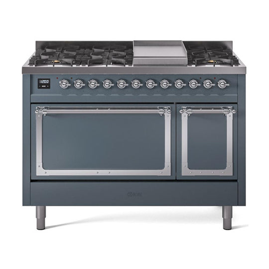 Ilve UN48FQNMPBGCLP Ilve Un48Fqnmpbgclp Nostalgie Ii Noblesse 48" Dual Fuel Range (8 Sealed Burners + Griddle, Liquid Propane, Solid Door, Blue Grey, Chrome)
