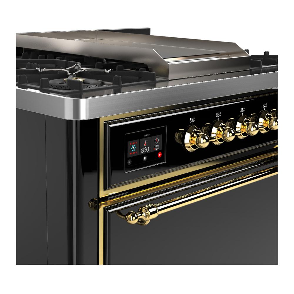 Ilve UM36FQNR3BKG Ilve Um36Fqnr3Bkg Majestic Iii 36 Inch Dual Fuel Range With 6 Black Brass Burners And Griddle, Dual Function Burner Up To 25,000 Btu (Solid Door, Glossy Black, Brass, Natural Gas)