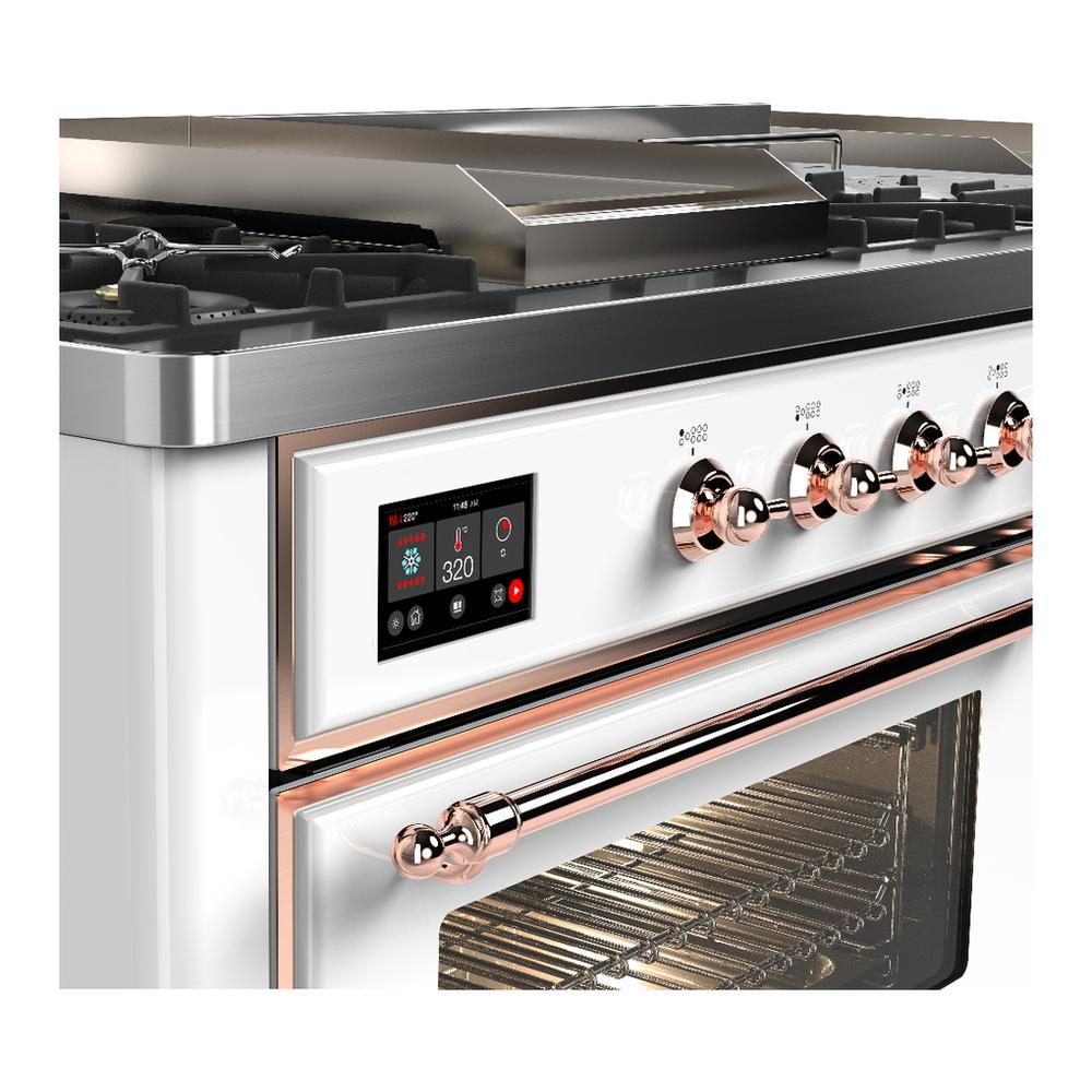 Ilve UM60FSNR3WHPLP Ilve Um60Fsnr3Whplp Majestic Iii 60 Inch Dual Fuel Range With 7 Burners, Griddle And French Top, Dual Function Burner With Up To 25,000 Btu (Liquid Propane, Triple Glass Door, White, Copper)
