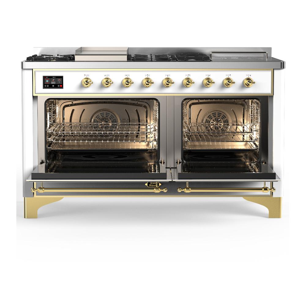 Ilve UM60FSNR3WHGLP Ilve Um60Fsnr3Whglp Majestic Iii 60 Inch Dual Fuel Range With 7 Burners, Griddle And French Top, Dual Function Burner With Up To 25,000 Btu (Liquid Propane, Triple Glass Door, White, Brass)