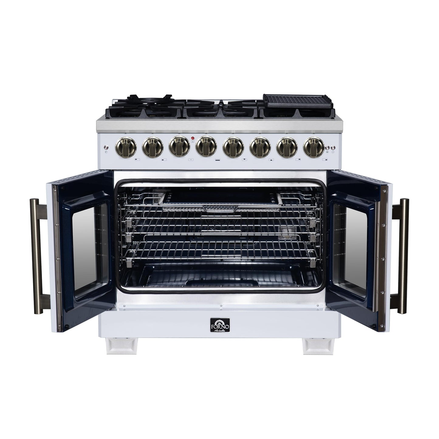 Forno FFSGS638736WHT Forno Capriasca 36 Inch Freestanding French Door Dual Fuel Range In White With Antique Brass Accessories, 6 Burners, True Convection Oven