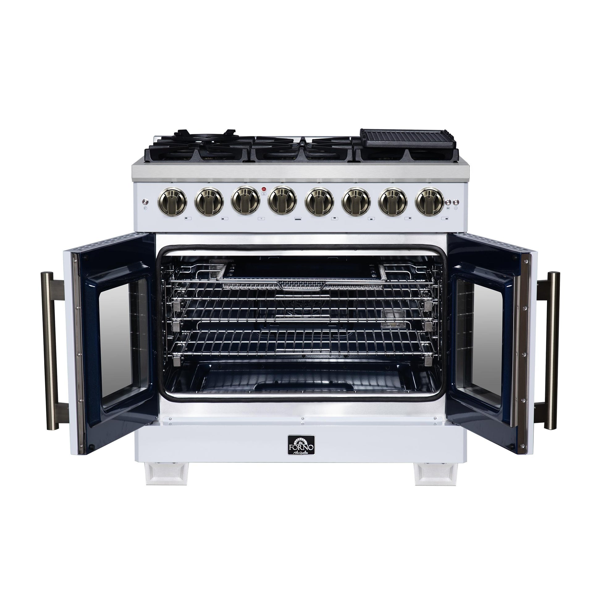 Forno FFSGS638736WHT Forno Capriasca 36 Inch Freestanding French Door Dual Fuel Range In White With Antique Brass Accessories, 6 Burners, True Convection Oven