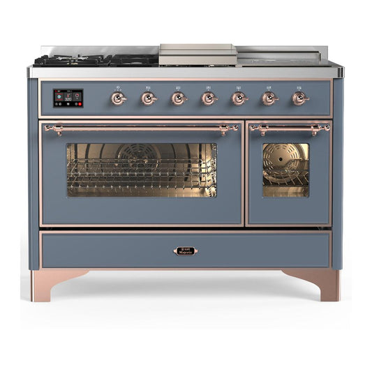 Ilve UM48FSNR3BGPLP Ilve Um48Fsnr3Bgplp Majestic Iii 48 Inch Dual Fuel Range With 5 Black Brass Burners, Griddle And French Top, Dual Function Burner Up To 25,000 Btu (Liquid Propane, Triple Glass Door, Blue Grey, Copper)