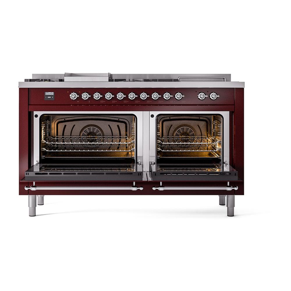 Ilve UN60FSNMPBUCLP Ilve Un60Fsnmpbuclp Nostalgie Ii Noblesse 60" Dual Fuel Range (7 Sealed Burners + Griddle + French Top, Liquid Propane, Triple Glass Door, Burgundy, Chrome)