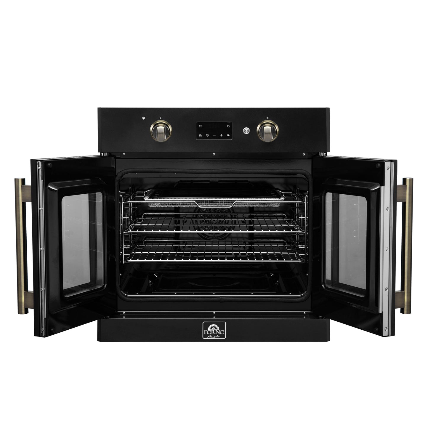 Forno FBOEL133330BLK Forno Asti 30-Inch French Door Electric Wall Oven In Black & Antique Brass, 3.68 Cu. Ft. True Convection, 3,600W, Air Fry, Sous Vide, Self-Clean