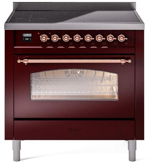 Ilve UPI366NMPBUP Nostalgie Ii 36 Inch Electric Freestanding Range In Burgundy With Copper Trim