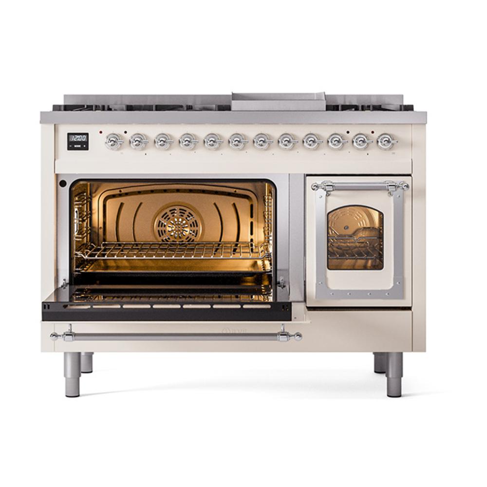 Ilve UN48FNMPAWC Ilve Un48Fnmpawc Nostalgie Ii Noblesse 48" Dual Fuel Range (8 Sealed Burners + Griddle, Natural Gas, Triple Glass Door, Antique White, Chrome)