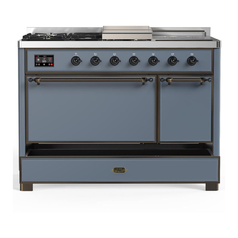 Ilve UM48FSQNR3BGB Ilve Um48Fsqnr3Bgb Majestic Iii 48 Inch Dual Fuel Range With 5 Black Brass Burners, Griddle And French Top, Dual Function Burner Up To 25,000 Btu (Natural Gas, Solid Door, Blue Grey, Burnished)
