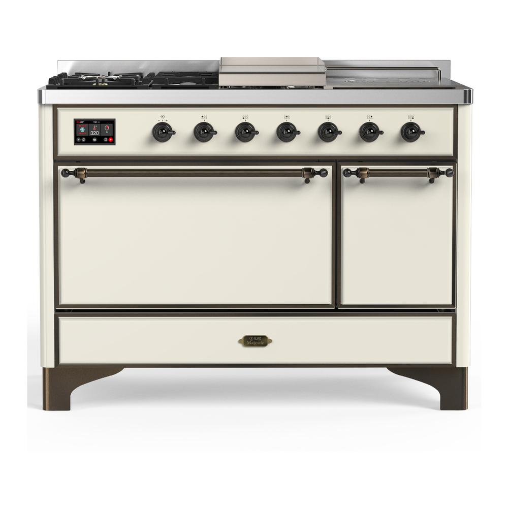 Ilve UM48FSQNR3AWB Ilve Um48Fsqnr3Awb Majestic Iii 48 Inch Dual Fuel Range With 5 Black Brass Burners, Griddle And French Top, Dual Function Burner Up To 25,000 Btu (Natural Gas, Solid Door, Antique White, Burnished)
