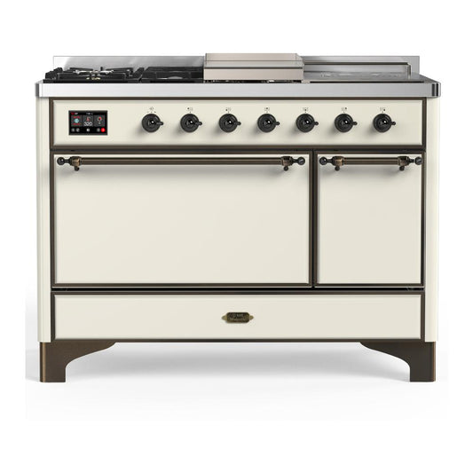 Ilve UM48FSQNR3AWB Ilve Um48Fsqnr3Awb Majestic Iii 48 Inch Dual Fuel Range With 5 Black Brass Burners, Griddle And French Top, Dual Function Burner Up To 25,000 Btu (Natural Gas, Solid Door, Antique White, Burnished)