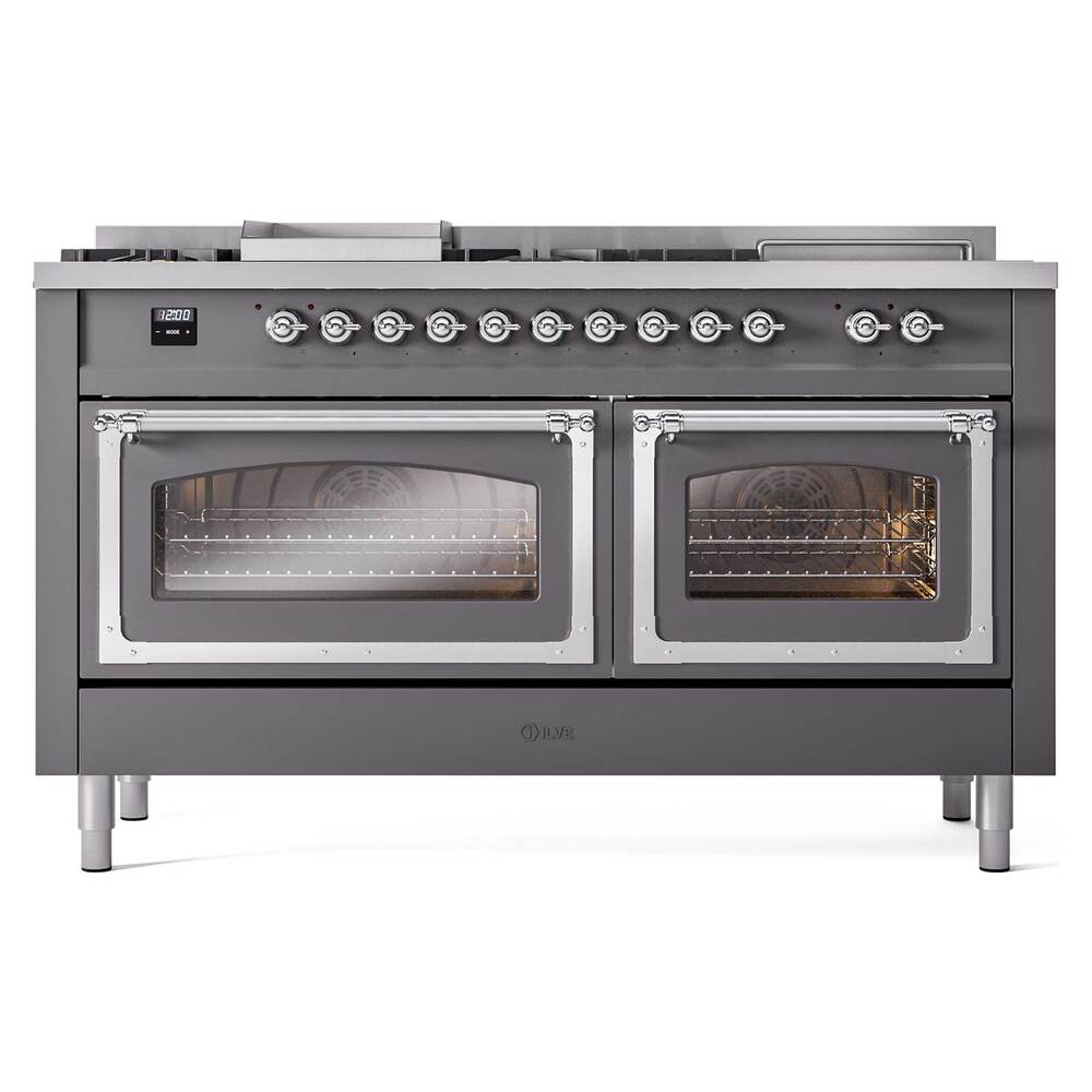 Ilve UN60FSNMPMGCLP Ilve Un60Fsnmpmgclp Nostalgie Ii Noblesse 60" Dual Fuel Range (7 Sealed Burners + Griddle + French Top, Liquid Propane, Triple Glass Door, Graphite Matte, Chrome)