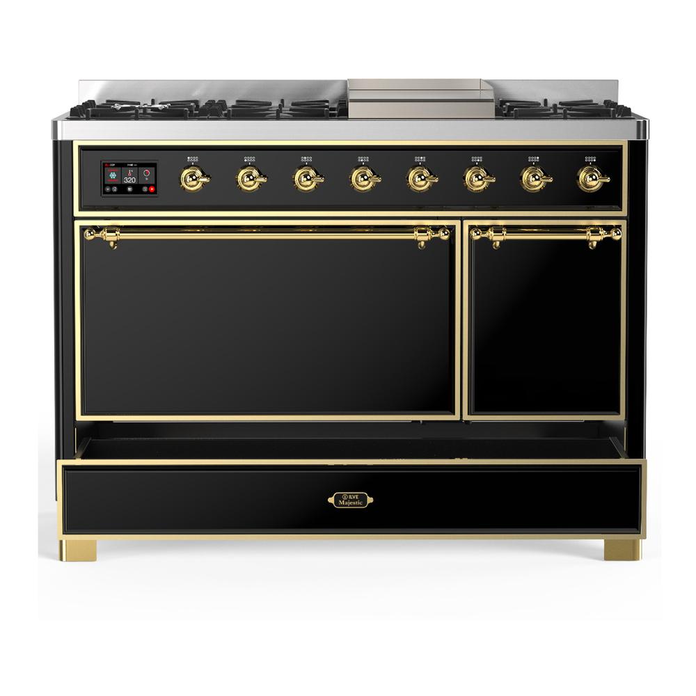 Ilve UM48FQNR3BKGLP Ilve Um48Fqnr3Bkglp Majestic Iii 48 Inch Dual Fuel Range With 8 Burners And Griddle, Dual Function Burner Up To 25,000 Btu (Liquid Propane, Solid Door, Glossy Black, Brass)