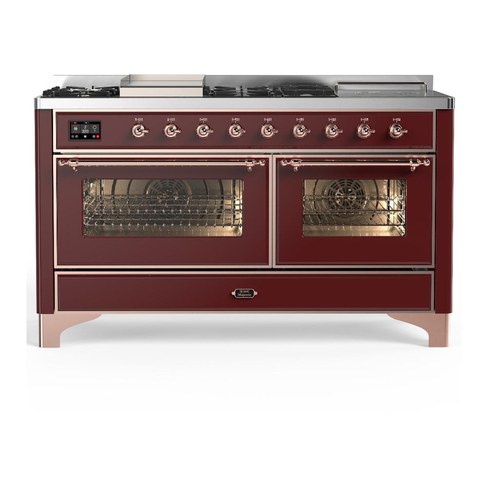 Ilve UM60FSNR3BUPLP Ilve Um60Fsnr3Buplp Majestic Iii 60 Inch Dual Fuel Range With 7 Burners, Griddle And French Top, Dual Function Burner With Up To 25,000 Btu (Liquid Propane, Triple Glass Door, Burgundy, Copper)
