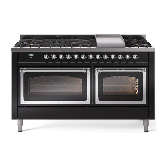 Ilve UN60FNMPBKCLP Ilve Un60Fnmpbkclp Nostalgie Ii Noblesse 60" Dual Fuel Range (9 Sealed Burners + Griddle, Liquid Propane, Triple Glass Door, Glossy Black, Chrome)