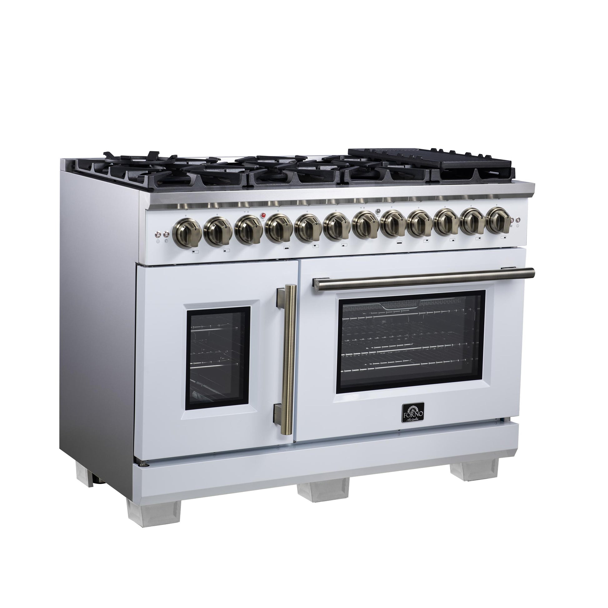 Forno FFSGS638748WHT Forno Capriasca 48 Inch Freestanding French Door Dual Fuel Range In White With Antique Brass Accessories, 8 Burners, True Convection Oven
