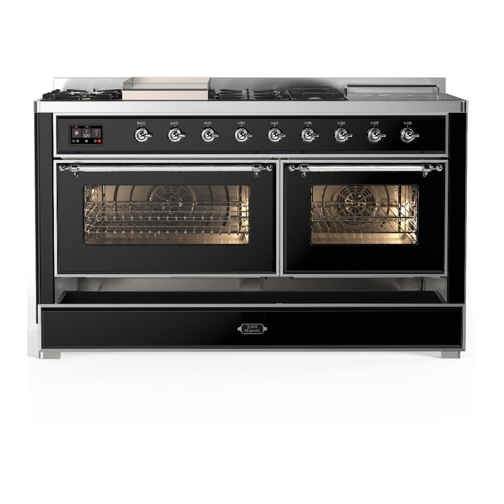 Ilve UM60FSNR3BKC Ilve Um60Fsnr3Bkc Majestic Iii 60 Inch Dual Fuel Range With 7 Burners, Griddle And French Top, Dual Function Burner With Up To 25,000 Btu (Natural Gas, Triple Glass Door, Glossy Black, Chrome)