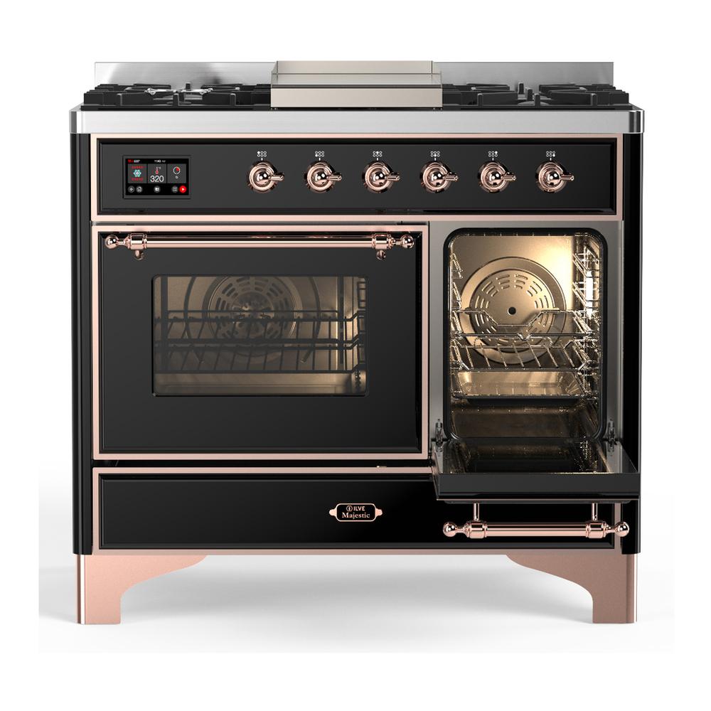 Ilve UMD40FNR3BKPLP Ilve Umd40Fnr3Bkplp Majestic Iii 40 Inch Dual Fuel Range With 6 Burners And Griddle, Dual Function Burner Up To 25,000 Btu (Liquid Propane, Triple Glass Door, Glossy Black, Copper)