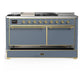 Ilve UM60FSQNR3BGGLP Ilve Um60Fsqnr3Bgglp Majestic Iii 60 Inch Dual Fuel Range With 7 Burners, Griddle And French Top, Dual Function Burner With Up To 25,000 Btu (Liquid Propane, Solid Door, Blue Grey, Brass)