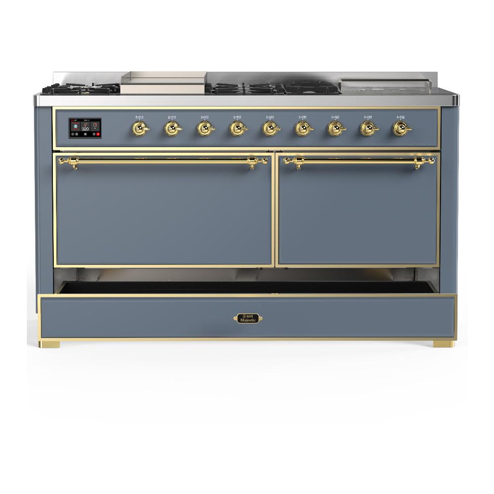 Ilve UM60FSQNR3BGGLP Ilve Um60Fsqnr3Bgglp Majestic Iii 60 Inch Dual Fuel Range With 7 Burners, Griddle And French Top, Dual Function Burner With Up To 25,000 Btu (Liquid Propane, Solid Door, Blue Grey, Brass)