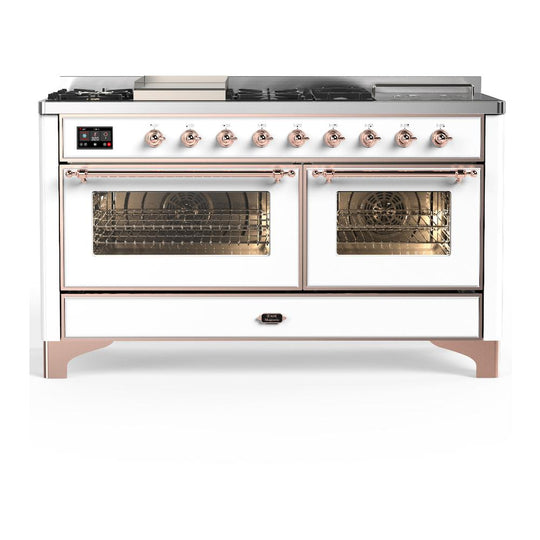 Ilve UM60FSNR3WHP Ilve Um60Fsnr3Whp Majestic Iii 60 Inch Dual Fuel Range With 7 Burners, Griddle And French Top, Dual Function Burner With Up To 25,000 Btu (Natural Gas, Triple Glass Door, White, Copper)