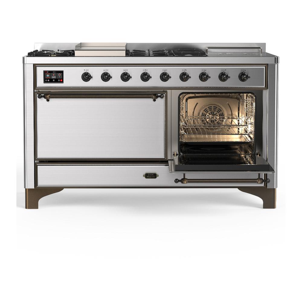 Ilve UM60FSQNR3SSBLP Ilve Um60Fsqnr3Ssblp Majestic Iii 60 Inch Dual Fuel Range With 7 Burners, Griddle And French Top, Dual Function Burner With Up To 25,000 Btu (Liquid Propane, Solid Door, Stainless Steel, Burnished)