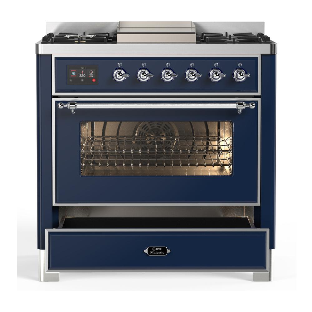 Ilve UM36FNR3MBC Ilve Um36Fnr3Mbc Majestic Iii 36 Inch Dual Fuel Range With 6 Black Brass Burners And Griddle, Dual Function Burner Up To 25,000 Btu (Triple Glass Door, Midnight Blue, Chrome, Natural Gas)
