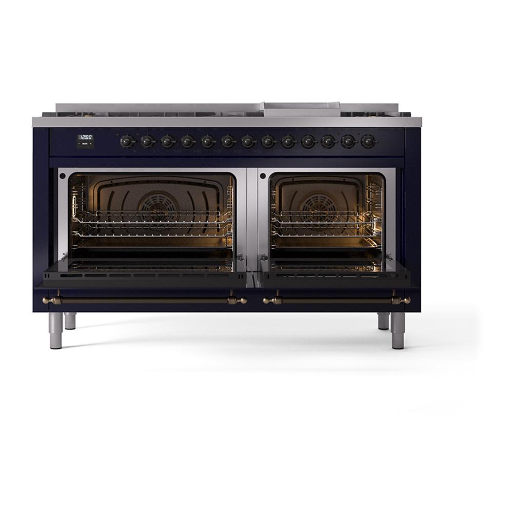 Ilve UN60FNMPMBBLP Ilve Un60Fnmpmbblp Nostalgie Ii Noblesse 60" Dual Fuel Range (9 Sealed Burners + Griddle, Liquid Propane, Triple Glass Door, Midnight Blue, Burnished)