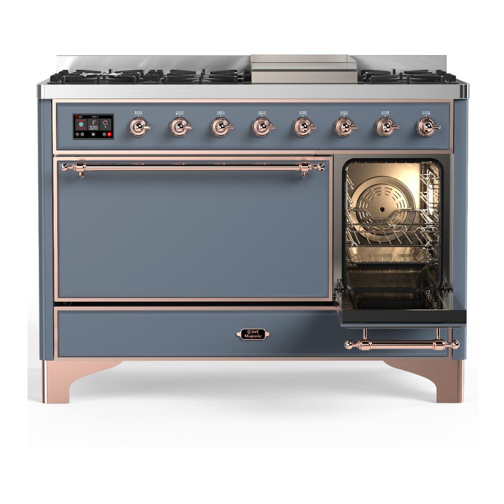 Ilve UM48FQNR3BGPLP Ilve Um48Fqnr3Bgplp Majestic Iii 48 Inch Dual Fuel Range With 8 Burners And Griddle, Dual Function Burner Up To 25,000 Btu (Liquid Propane, Solid Door, Blue Grey, Copper)