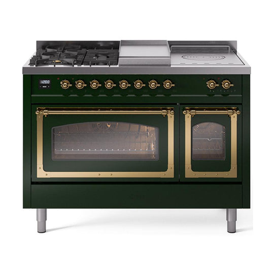 Ilve UN48FSNMPEGG Ilve Un48Fsnmpegg Nostalgie Ii Noblesse 48" Dual Fuel Range (5 Sealed Burners + Griddle + French Top, Natural Gas, Triple Glass Door, Emerald Green, Brass)