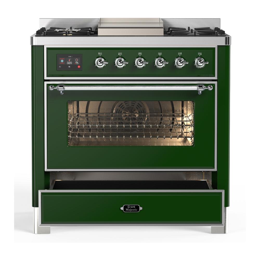 Ilve UM36FNR3EGCLP Ilve Um36Fnr3Egclp Majestic Iii 36 Inch Dual Fuel Range With 6 Black Brass Burners And Griddle, Dual Function Burner Up To 25,000 Btu (Triple Glass Door, Emerald Green, Chrome, Liquid Propane)