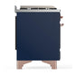 Ilve UM36FQNR3MBP Ilve Um36Fqnr3Mbp Majestic Iii 36 Inch Dual Fuel Range With 6 Black Brass Burners And Griddle, Dual Function Burner Up To 25,000 Btu (Solid Door, Midnight Blue, Copper, Natural Gas)