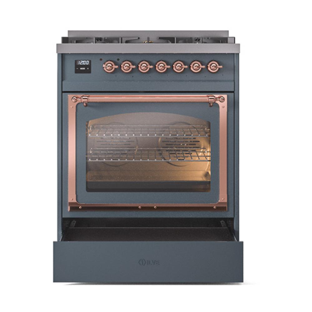 Ilve UN30NMPBGPLP Ilve Un30Nmpbgplp Nostalgie Ii Noblesse 30" Dual Fuel Range (Liquid Propane, Triple Glass Door, Blue Grey, Copper)