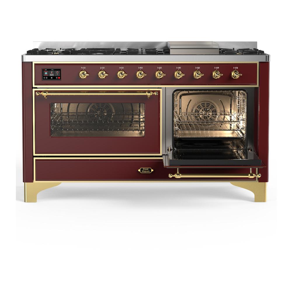 Ilve UM60FNR3BUGLP Ilve Um60Fnr3Buglp Majestic Iii 60 Inch Dual Fuel Range With 9 Burners And Griddle, Dual Function Burner Up To 25,000 Btu (Liquid Propane, Triple Glass Door, Burgundy, Brass)